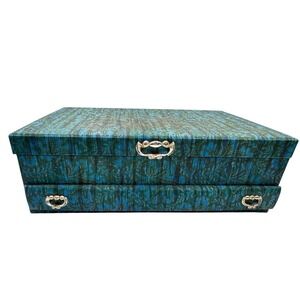 Vintage Lady Buxton Jewelry Box Teal Green Damask 2 Tier Drawer Organizer MCM